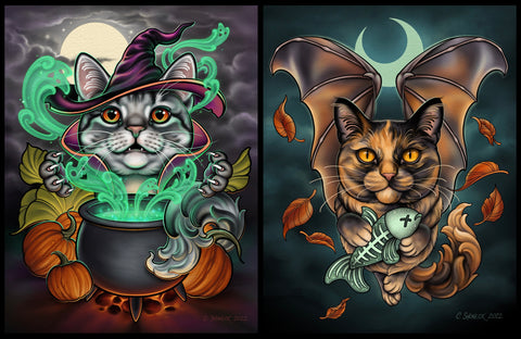 Halloween Cat Pair - Witch and Bat